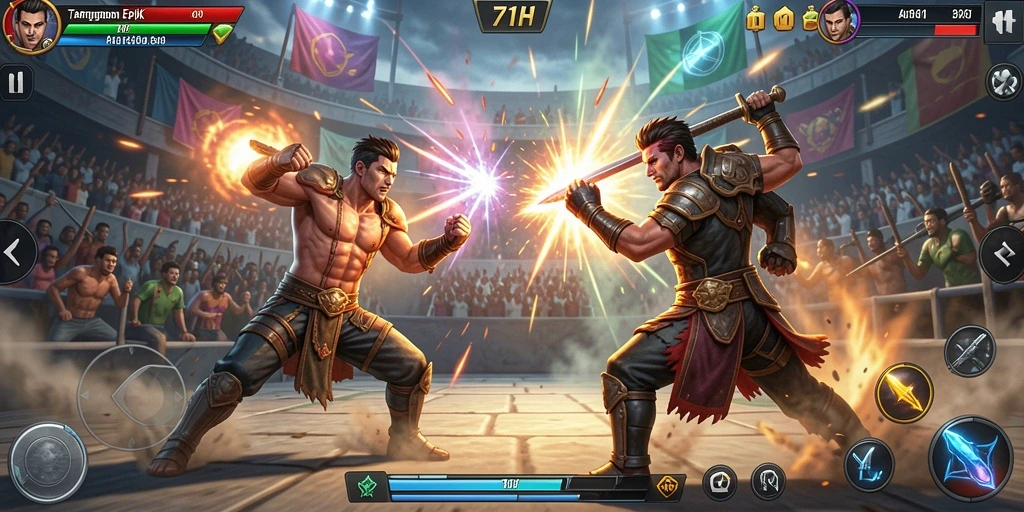 Screenshot gameplay 71H menampilkan pertarungan seru karakter di arena.