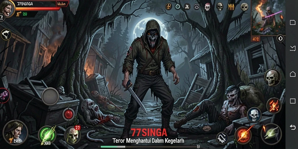 Screenshot gameplay 77SINGA yang menegangkan dengan suasana seram.