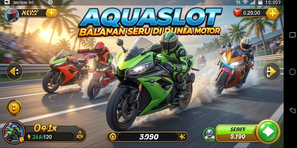 Screenshot gameplay AQUASLOT dengan balapan motor yang intens.