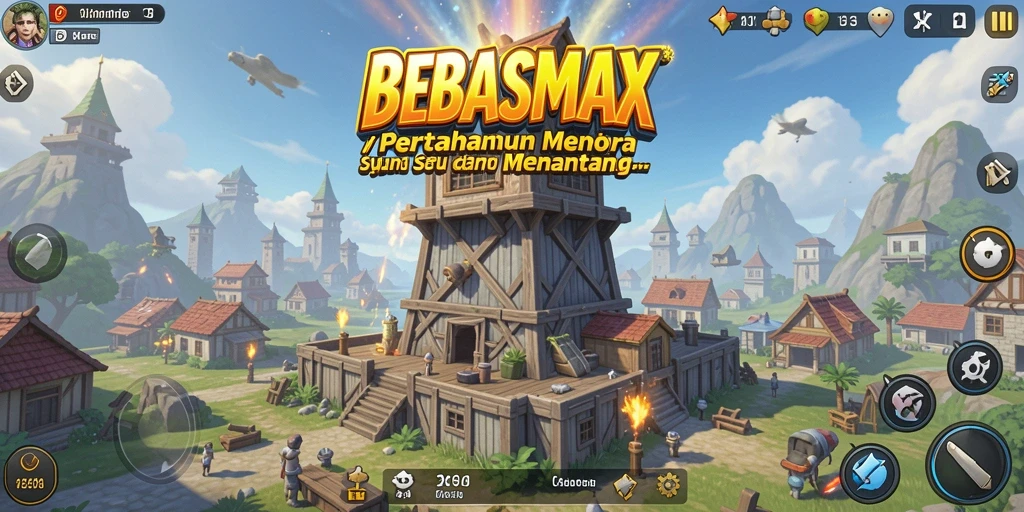 Screenshot utama BEBASMAX menampilkan menara beraksi melawan gelombang musuh.