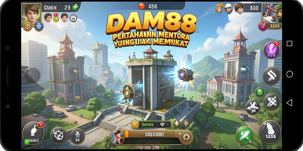 Tampilan gameplay <strong>DAM88</strong> dengan menara yang strategis dan musuh yang agresif.
