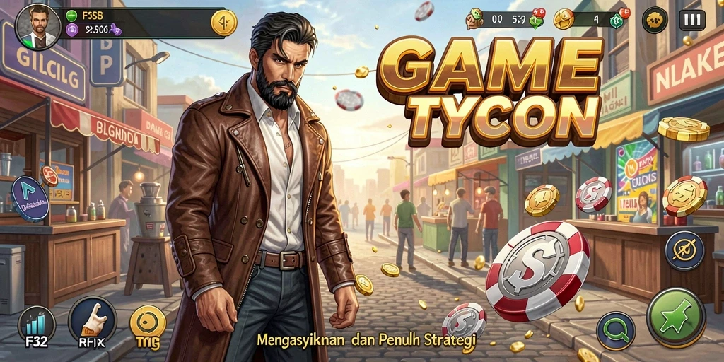 Tangkapan layar F32 menampilkan momen seru dalam pengelolaan bisnis Tycoon.