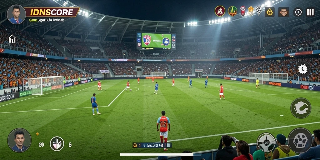Tampilan gameplay <strong>IDNSCORE</strong> yang mendebarkan di lapangan sepak bola.