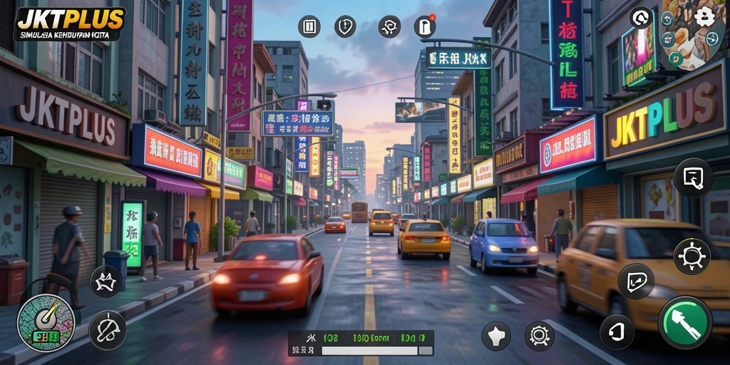 Screenshot menampilkan karakter dalam kota dengan aktivitas simulasi yang hidup.