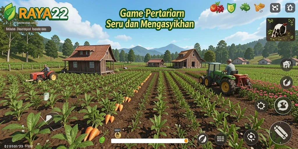 Tampilan gameplay RAYA22 menunjukkan ladang yang subur dengan berbagai tanaman.