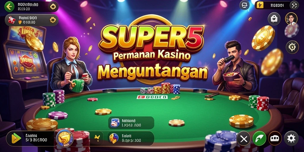Screenshot gameplay SUPER5 menampilkan suasana kasino yang mendebarkan.